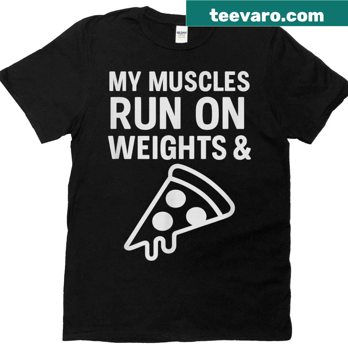 Funny fitness t-shirt with weights and pizza slice graphic — on a men's t-shirt