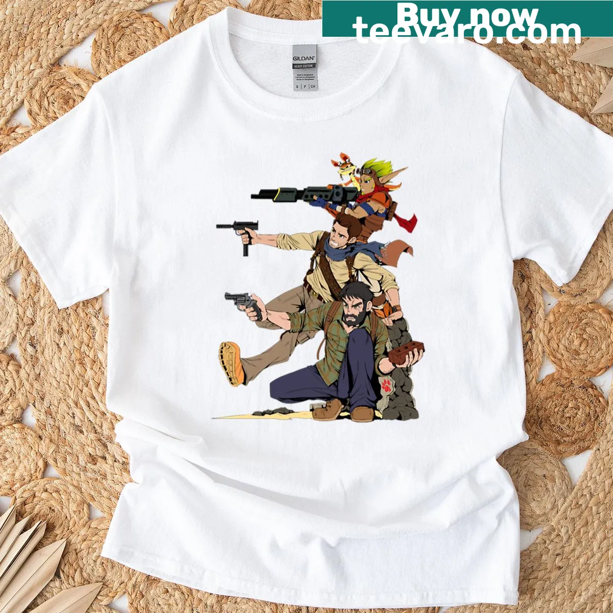 Retro-style t-shirt featuring Naughty Dog characters Drake, Joel, and Jak — on a men's t-shirt