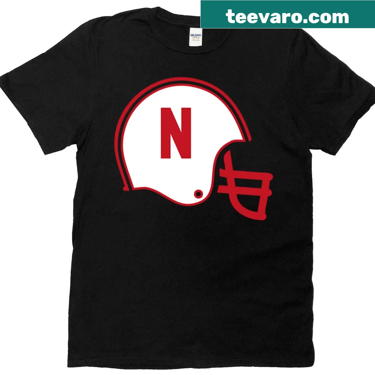 Nebraska sports helmet design t-shirt in state colors — on a men's t-shirt