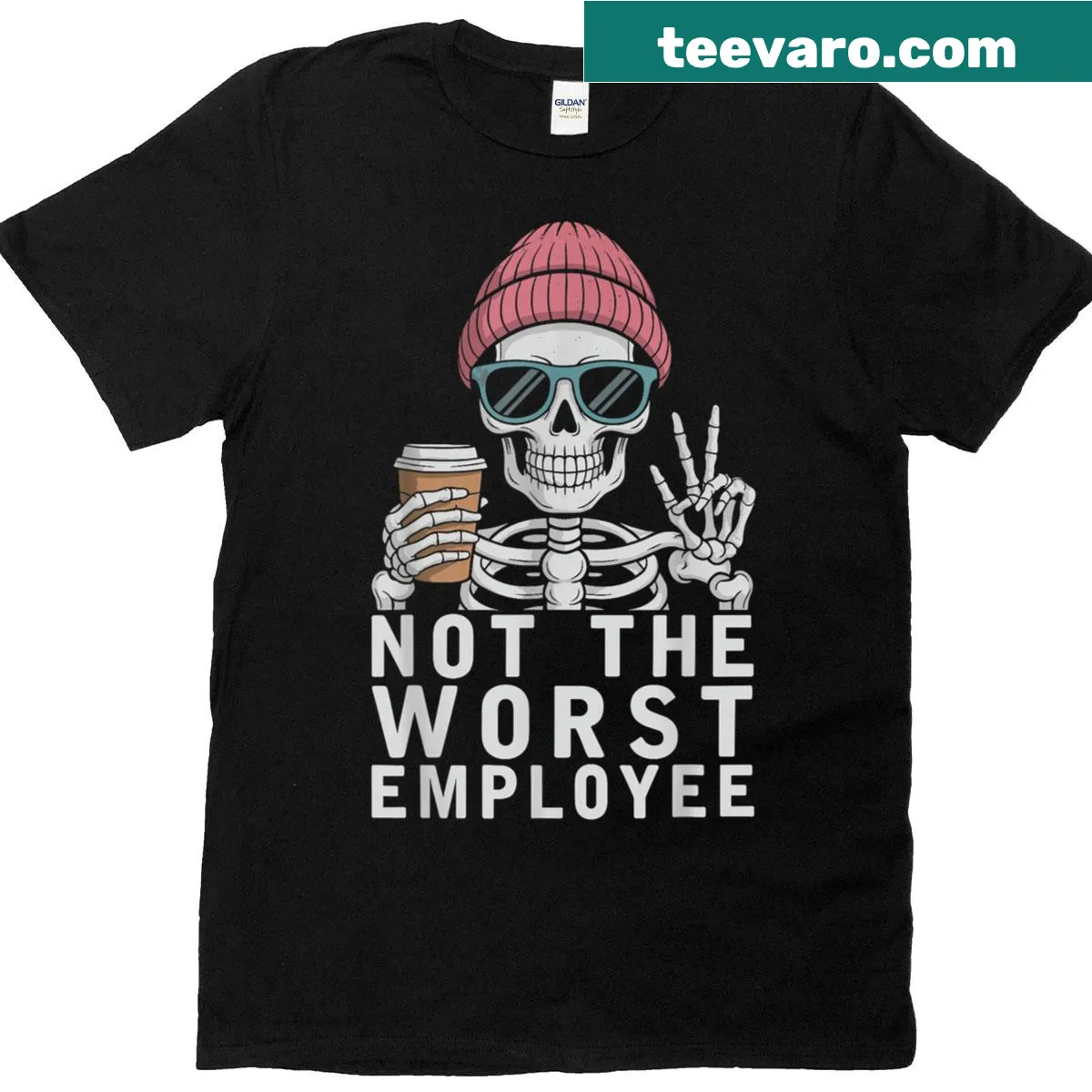 Funny T-shirt with a skeleton and 'Not The Worst Employee' phrase. — on a men's t-shirt