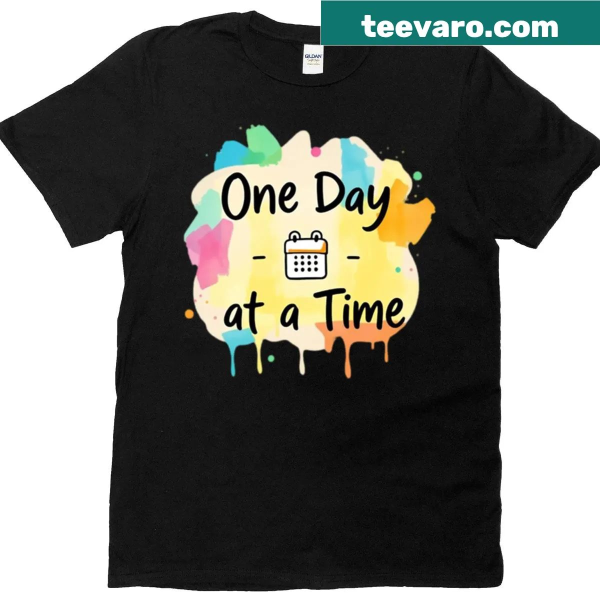 Inspirational t-shirt featuring a calendar design with a positive phrase — on a men's t-shirt