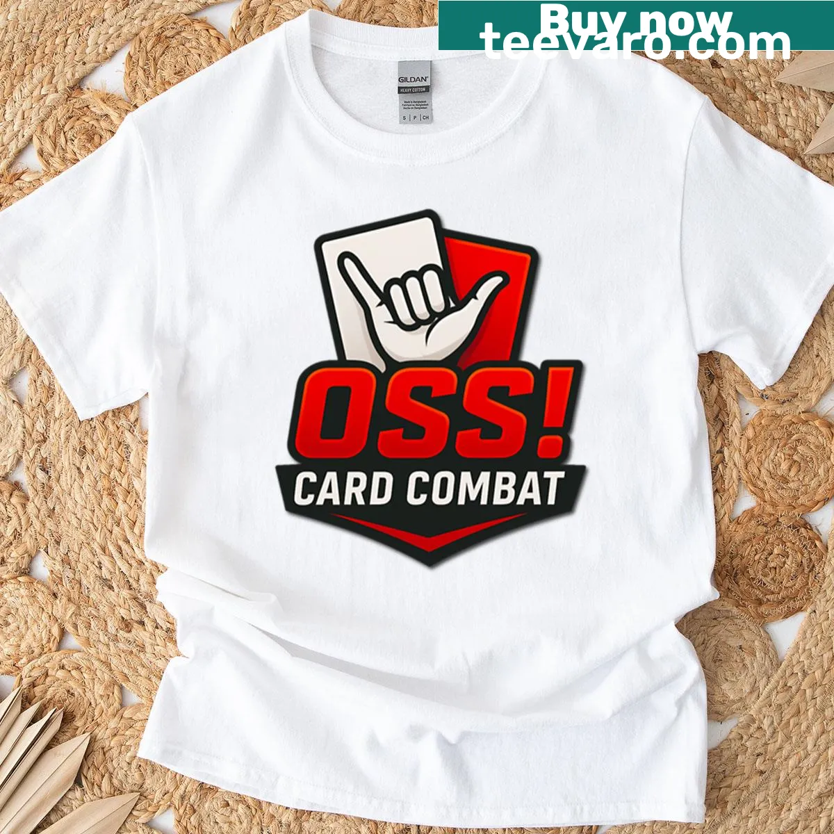 T-shirt with Oss Card Combat logo design — on a men's t-shirt