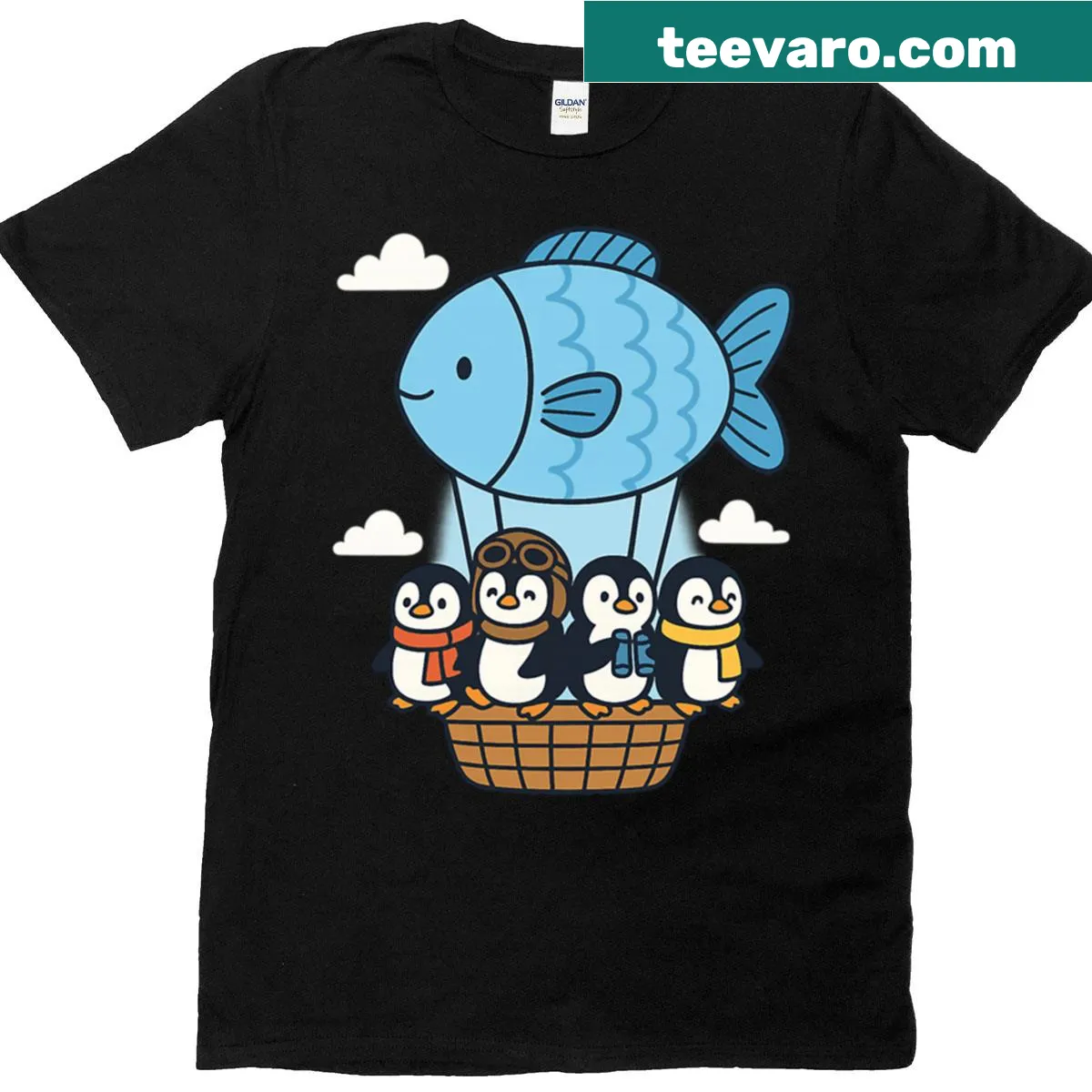 Cute oversized t-shirt with penguins in a hot air balloon design — on a men's t-shirt