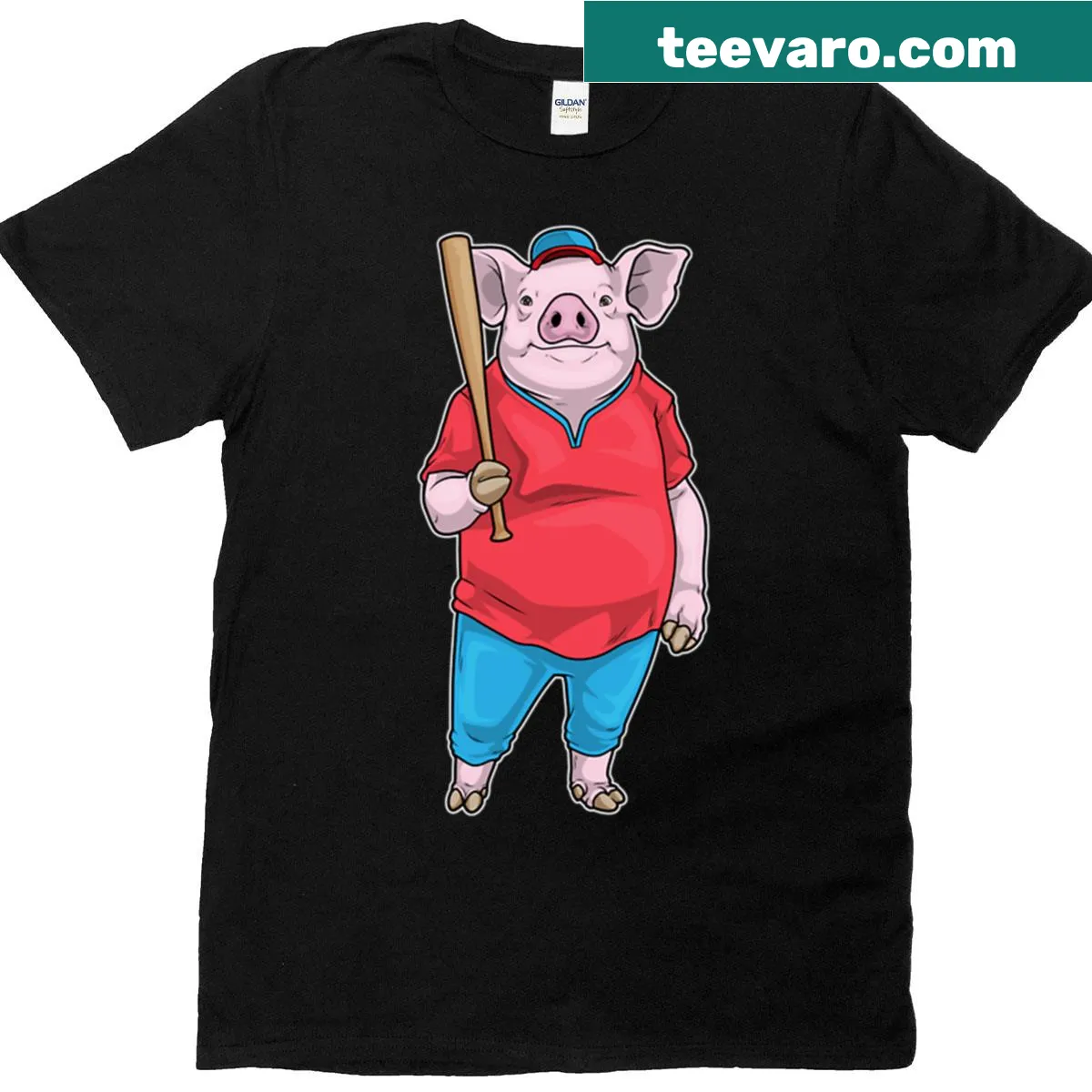 Illustration of a pig holding a baseball bat with a humorous design. — on a men's t-shirt