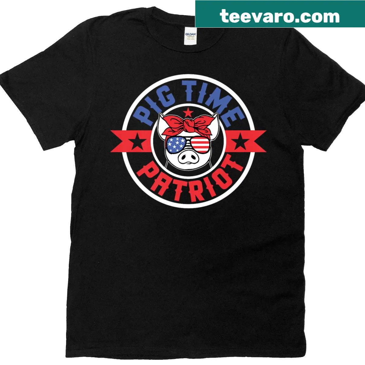 Patriotic t-shirt featuring a pig with 'Pig Time Patriot' text — on a men's t-shirt