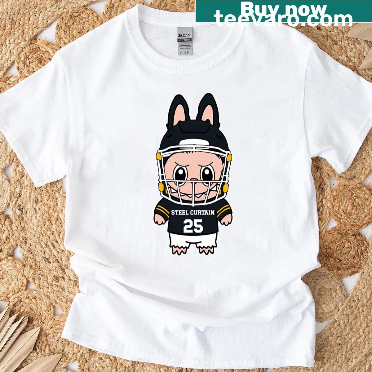 Funny T-shirt featuring cartoon Labubu related to football — on a men's t-shirt