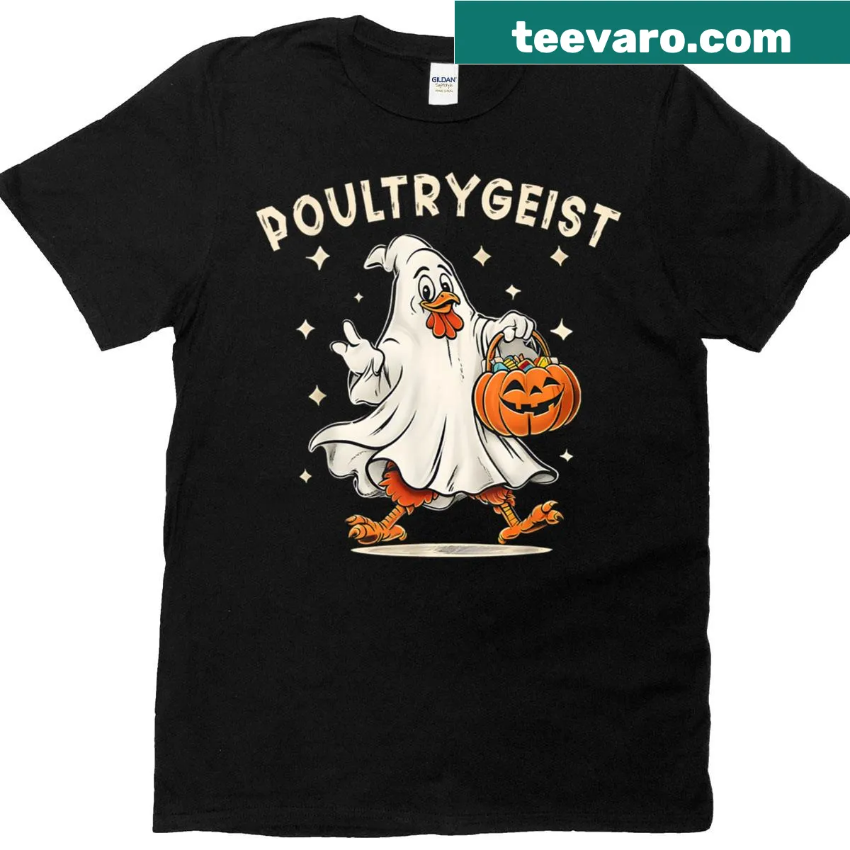 Spooky chicken ghost graphic surrounded by pumpkins for Halloween. — on a men's t-shirt