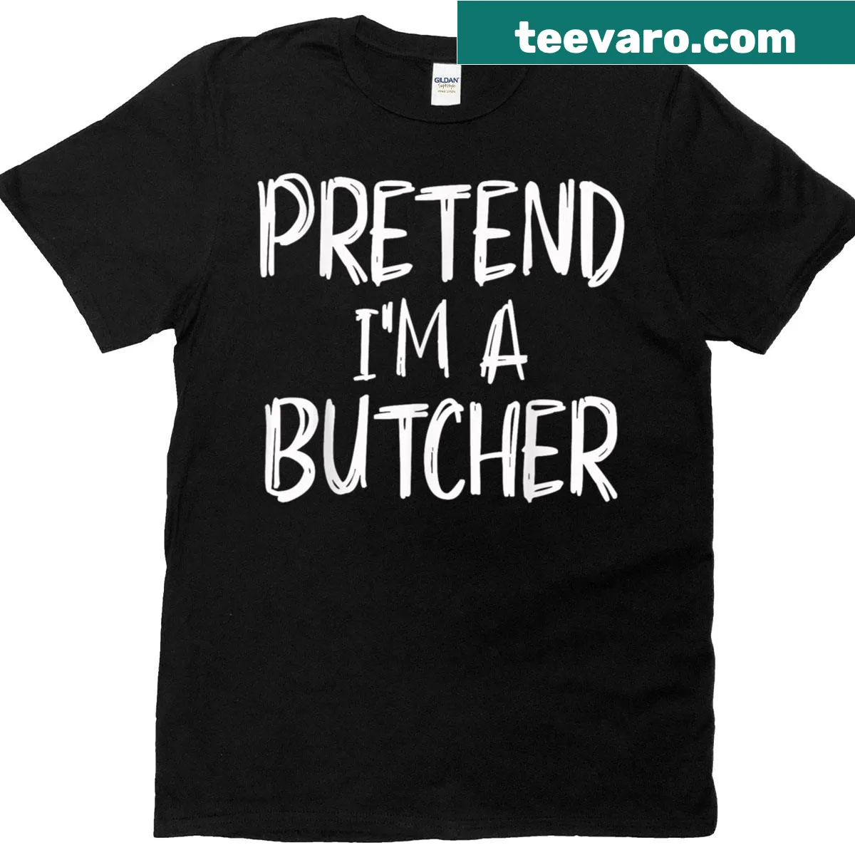 Funny graphic of a butcher costume for easy Halloween wear. — on a men's t-shirt