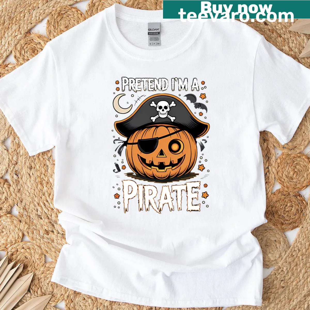 Funny pumpkin jack-o-lantern pirate design for Halloween T-shirt — on a men's t-shirt