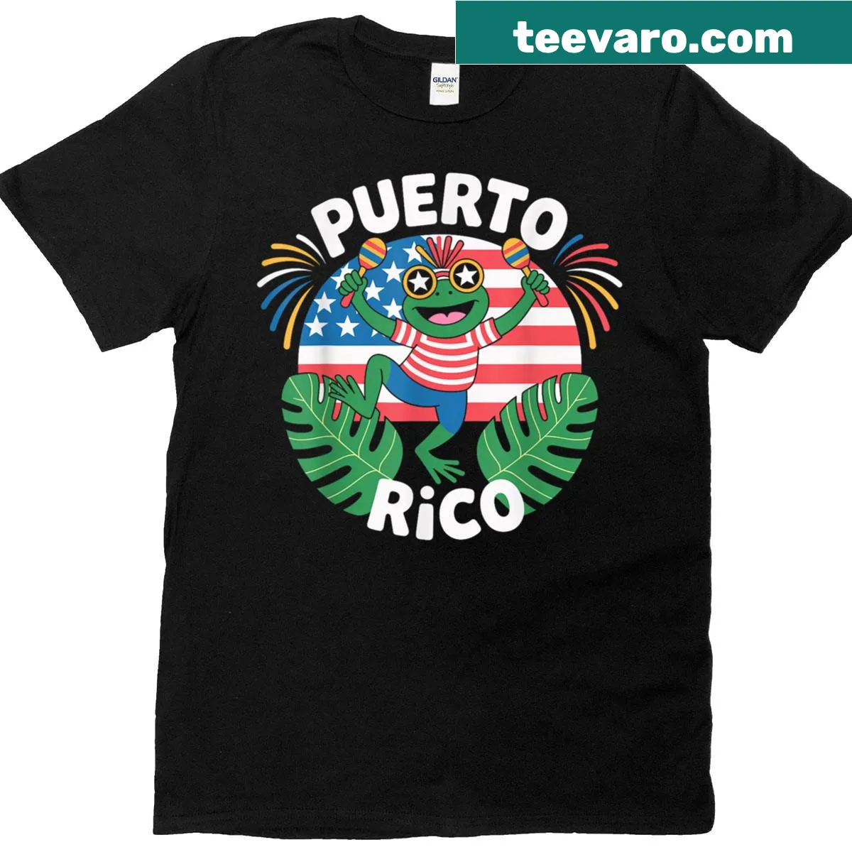 Puerto Rico Coqui Frog with maracas graphic t-shirt — on a men's t-shirt