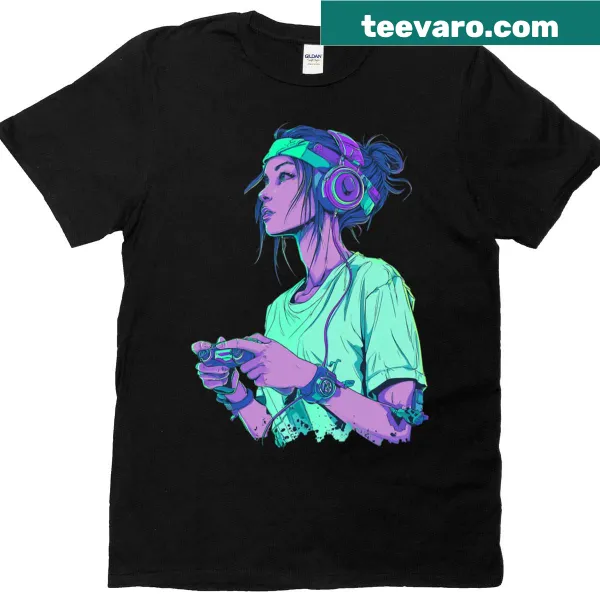 Purple-themed gamer girl t-shirt with gaming elements.