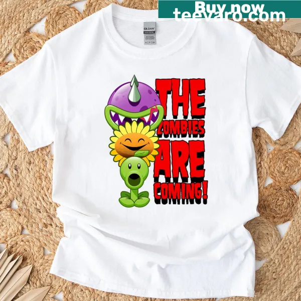 Collage of Plants vs. Zombies characters on an oversized T-shirt