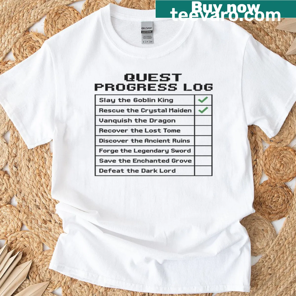 Retro pixelated Quest Progress Log design for RPG gamers — on a men's t-shirt