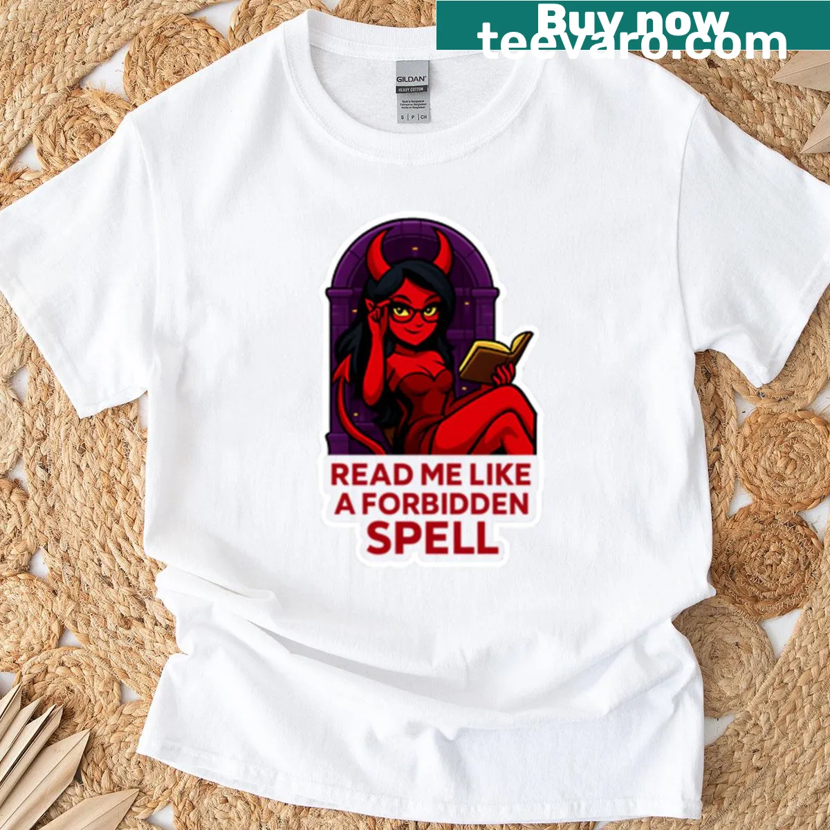 Oversized T-shirt featuring a devil girl design with gothic library elements, inviting intrigue. — on a men's t-shirt