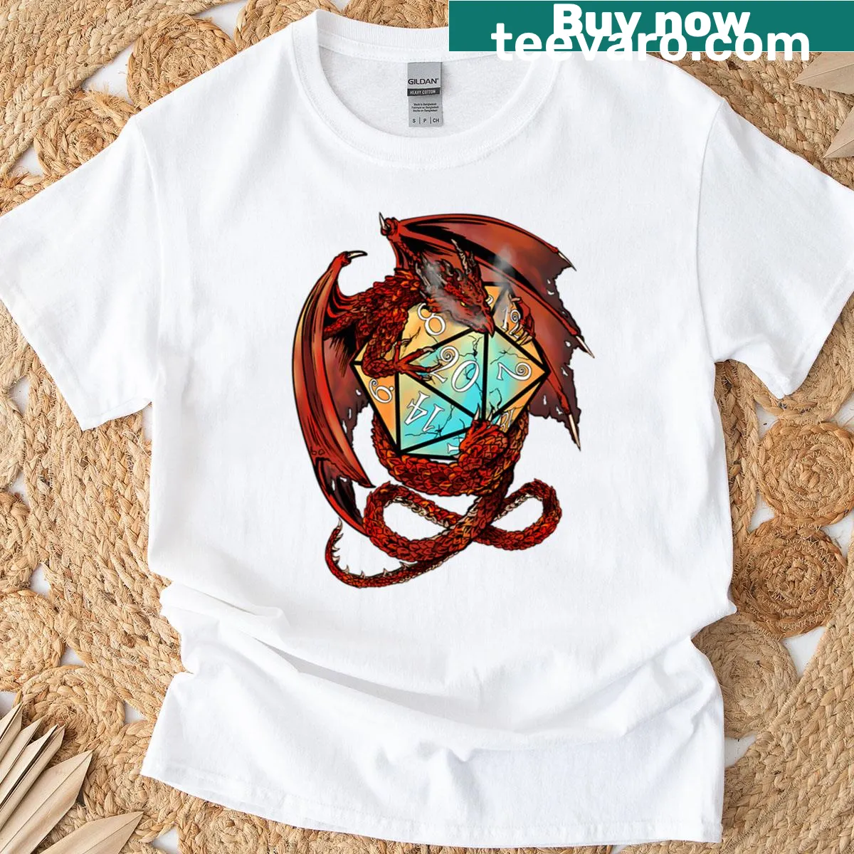 T-shirt featuring a red dragon and dice illustration — on a men's t-shirt