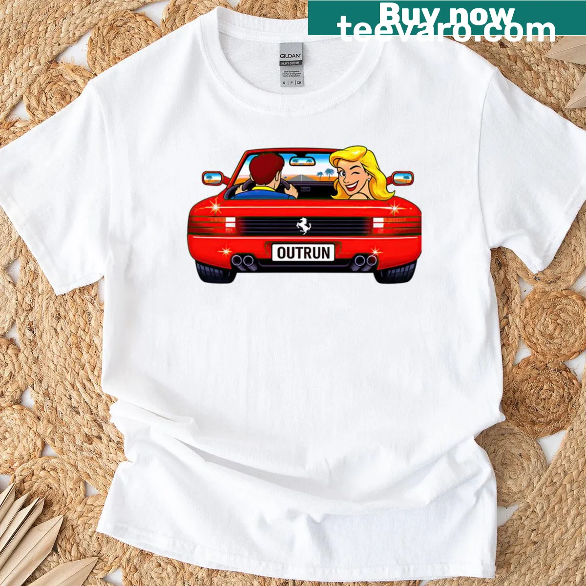 T-shirt featuring a retro red sports car illustration — on a men's t-shirt