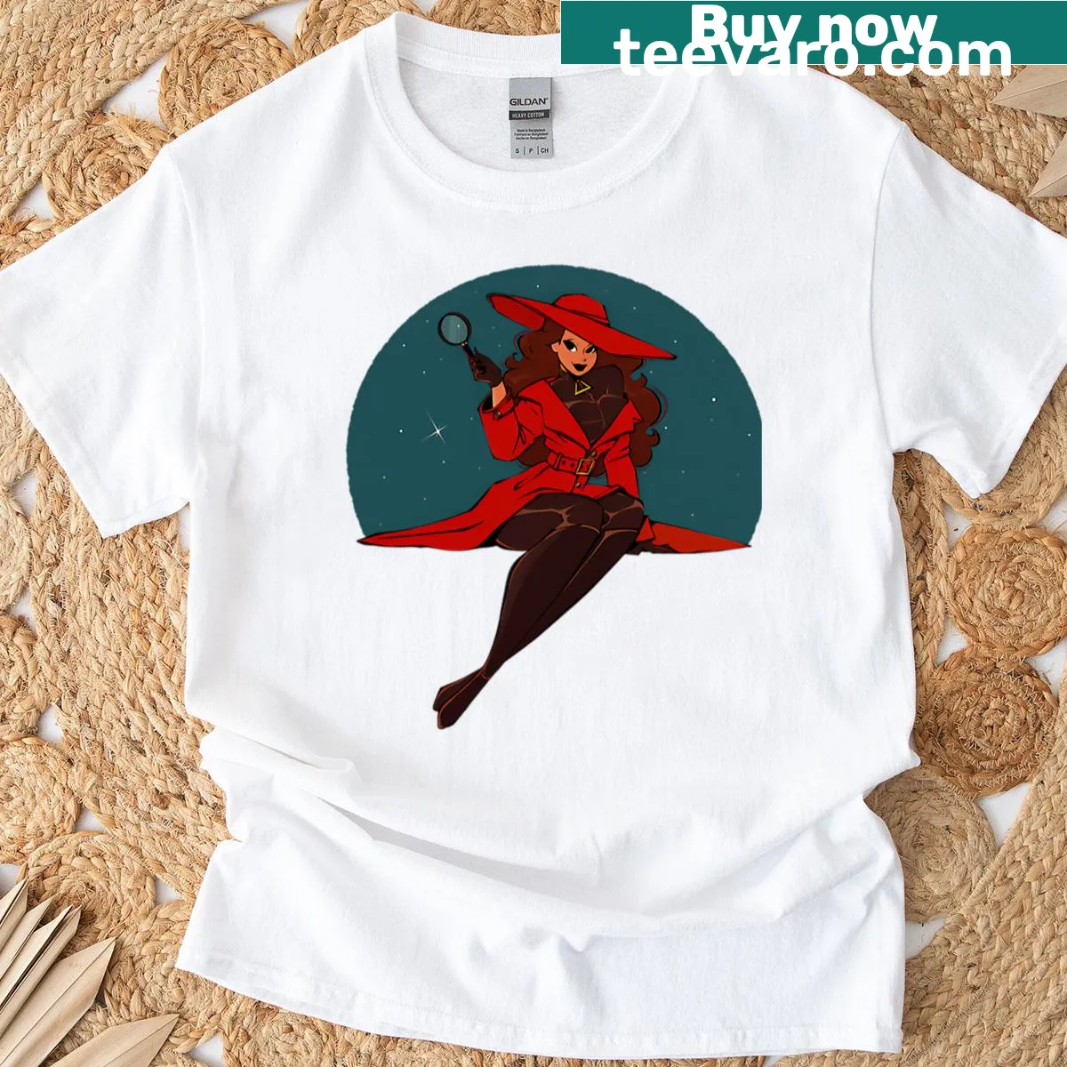Cartoon detective graphic featuring a red trench coat and hat — on a men's t-shirt