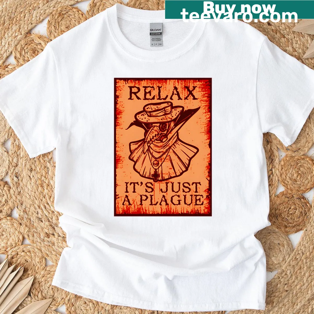 Oversized T-shirt featuring a plague doctor illustration with humorous text — on a men's t-shirt