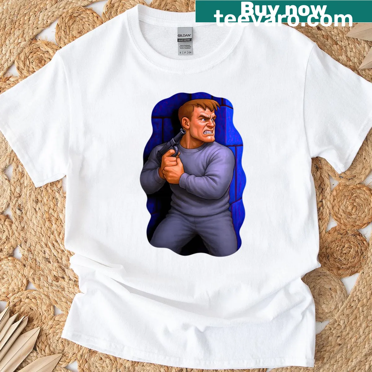 T-shirt featuring retro artwork inspired by 90s FPS games. — on a men's t-shirt