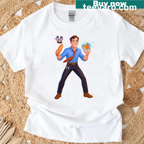 Retro game art t-shirt featuring a hero in a goldfish disguise