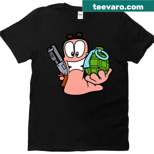 Retro gaming t-shirt with cartoon worm and strategy gaming theme