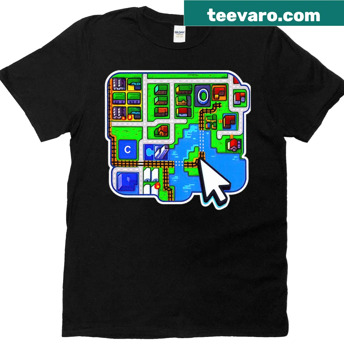 Retro city builder map t-shirt featuring Amiga game artwork — on a men's t-shirt