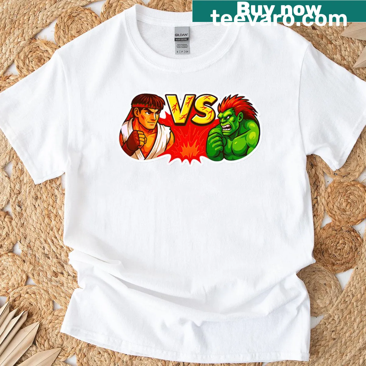 Oversized T-shirt with artwork inspired by Ryu Vs Blanka from fighting games. — on a men's t-shirt