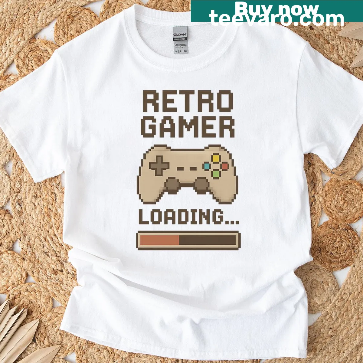 T-shirt featuring 8-bit pixel art loading screen design — on a men's t-shirt