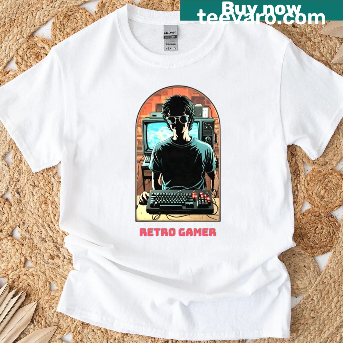 Classic retro gaming graphic on t-shirt — on a men's t-shirt