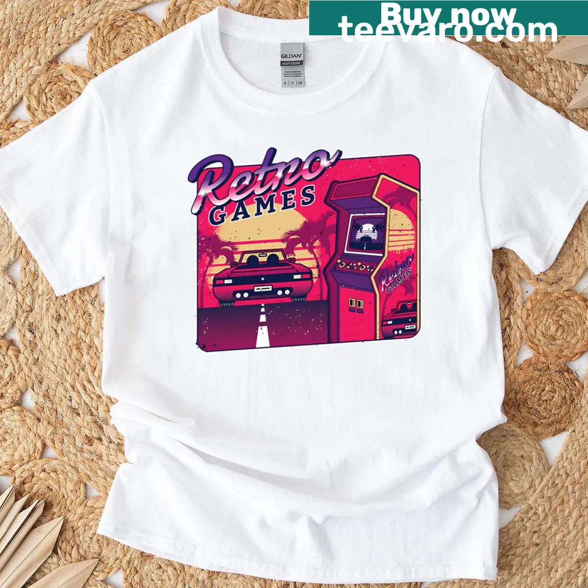T-shirt celebrating 80s gaming nostalgia with retro graphics and classic arcade elements. — on a men's t-shirt