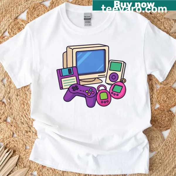Collage of retro tech designs on a nostalgic T-shirt