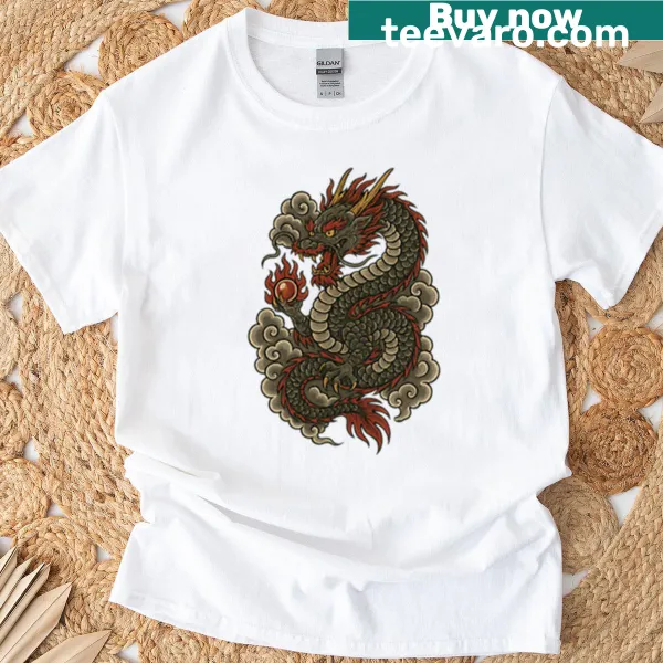 Illustration of a rising dragon holding a pearl on a t-shirt
