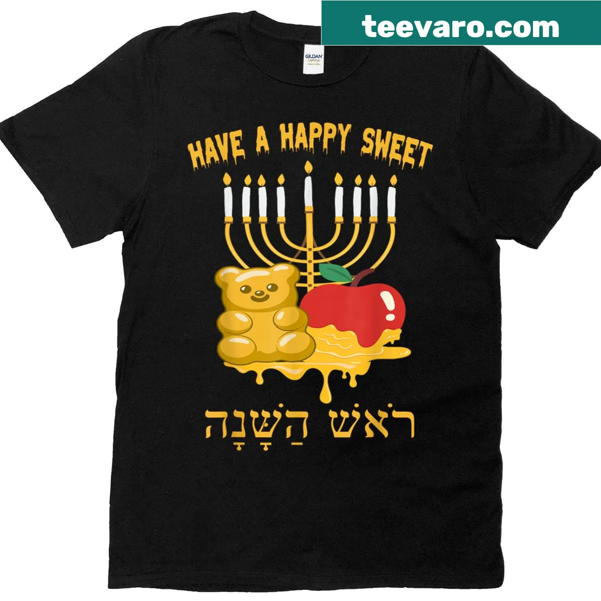 Illustrated bear with honey for Rosh Hashanah t-shirt — on a men's t-shirt
