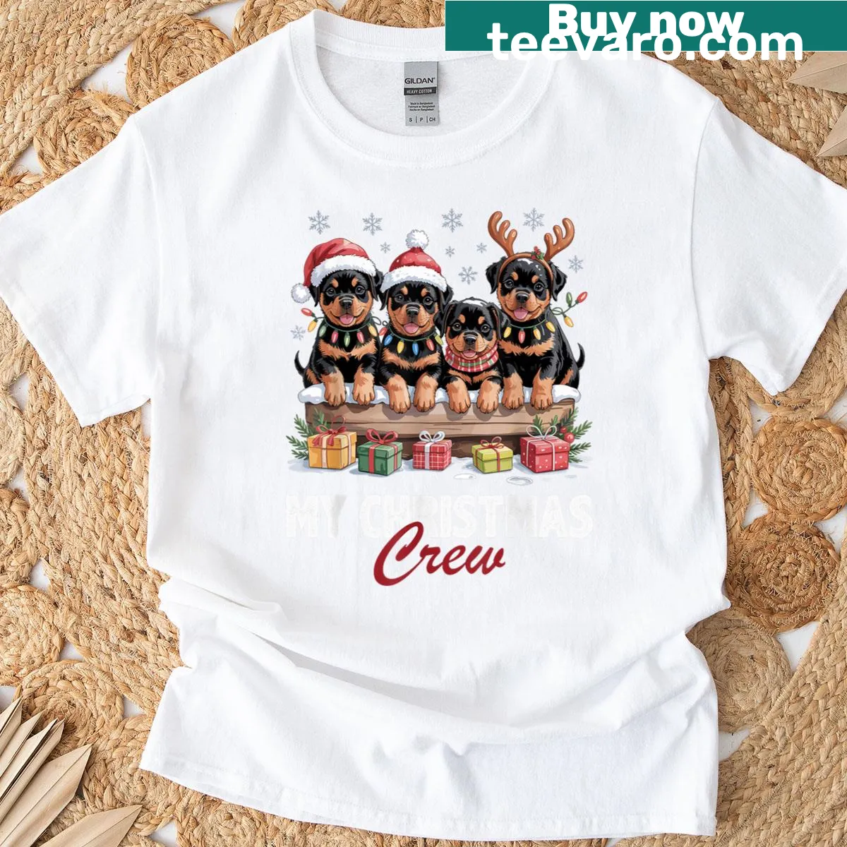 Funny Rottweiler Christmas T-shirt featuring a cartoon dog in festive attire — on a men's t-shirt