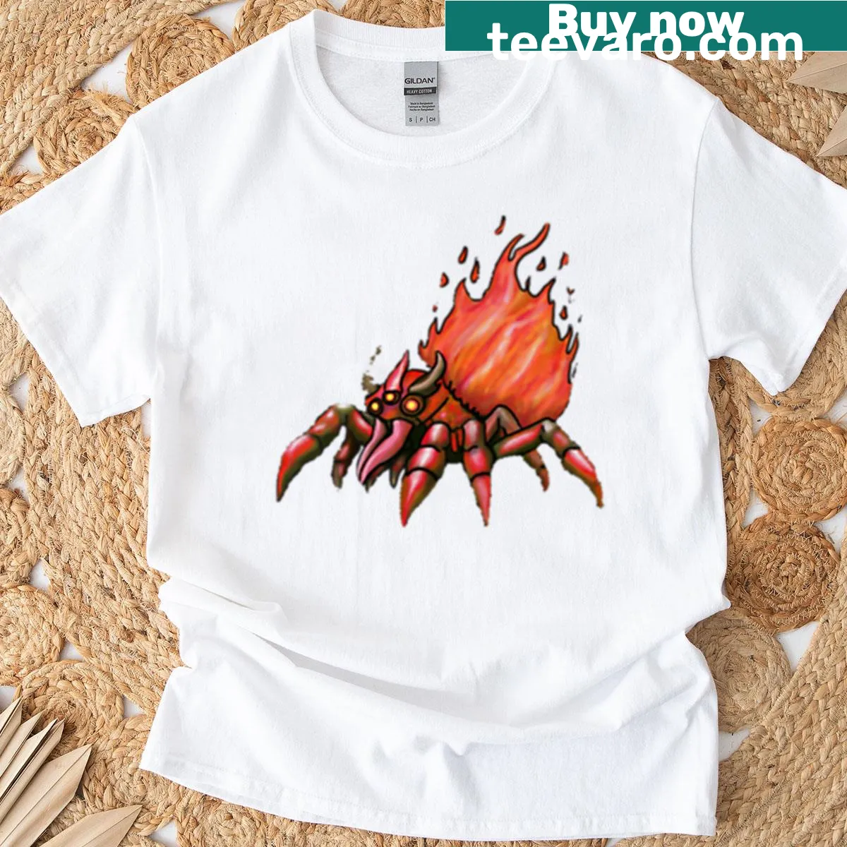 Oversized T-shirt featuring a cartoon fire crab design from RPGs — on a men's t-shirt