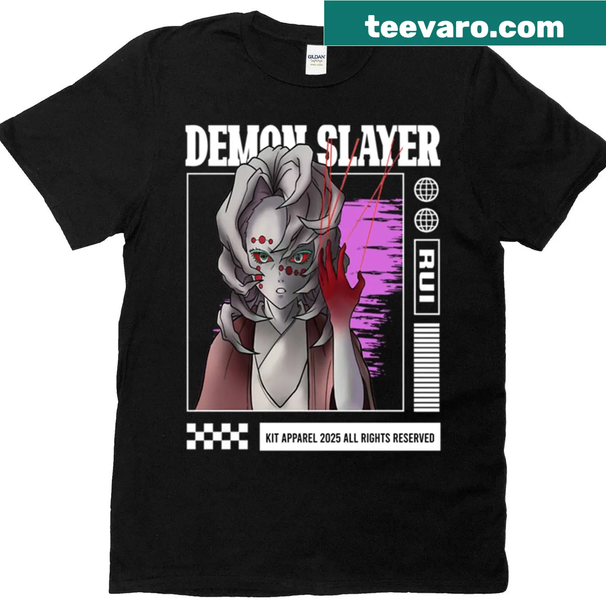 Anime character Rui from Demon Slayer graphic t-shirt — on a men's t-shirt