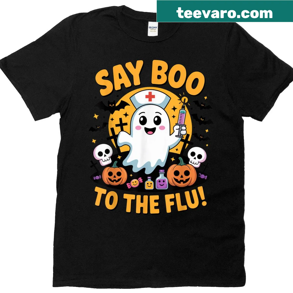 Funny nurse T-shirt with ghost graphic and health message — on a men's t-shirt