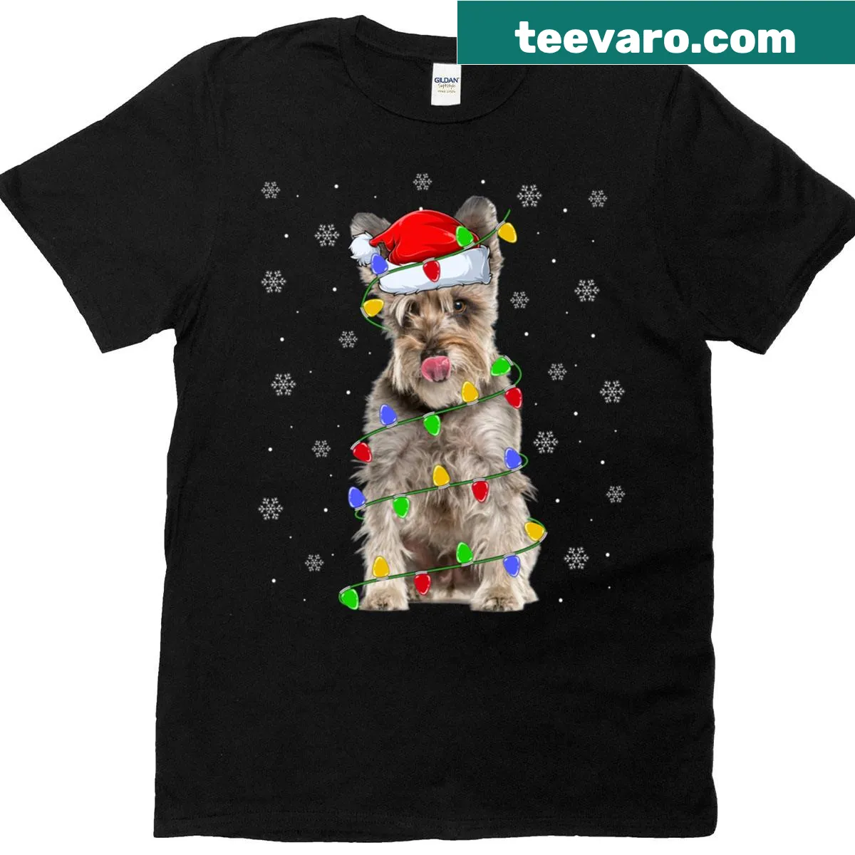 Schnauzer wearing Christmas lights on a festive t-shirt — on a men's t-shirt