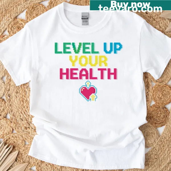 Retro-style T-shirt with 'Level Up Your Health' text design for gamers.