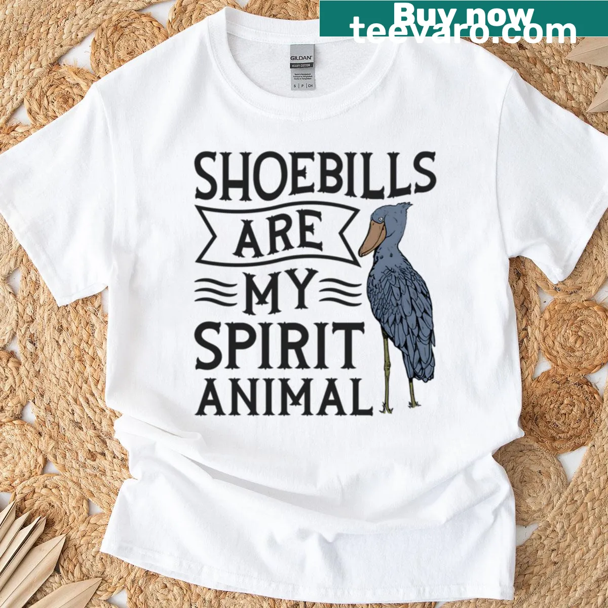 Illustrated shoebill stork t-shirt with a charming quote — on a men's t-shirt