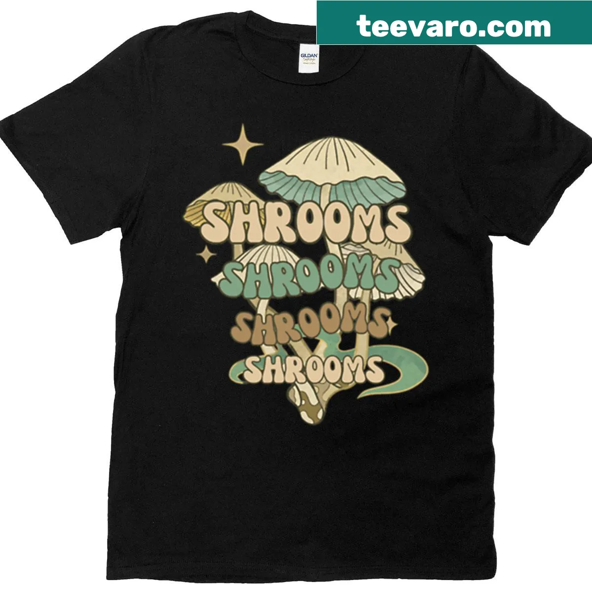 Mushroom-themed T-shirt representing an imaginative journey — on a men's t-shirt
