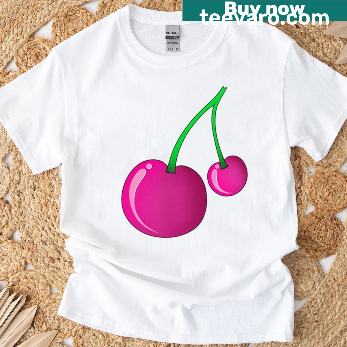 Minimalist illustration of a pair of cherries on a t-shirt. — on a men's t-shirt