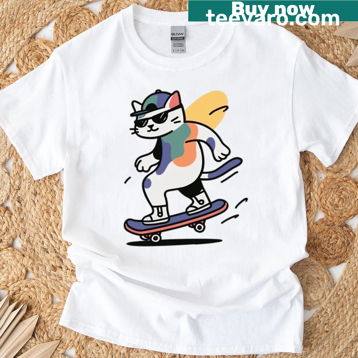 Illustration of a cool calico cat skating on a skateboard. — on a men's t-shirt