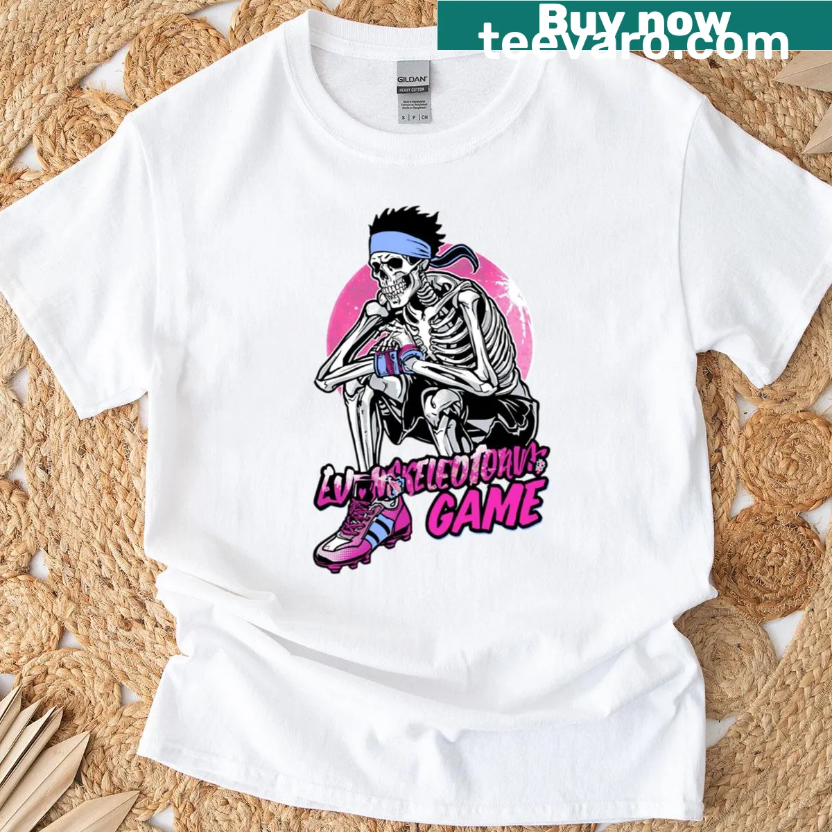 T-shirt with playful skeleton athlete graphic — on a men's t-shirt