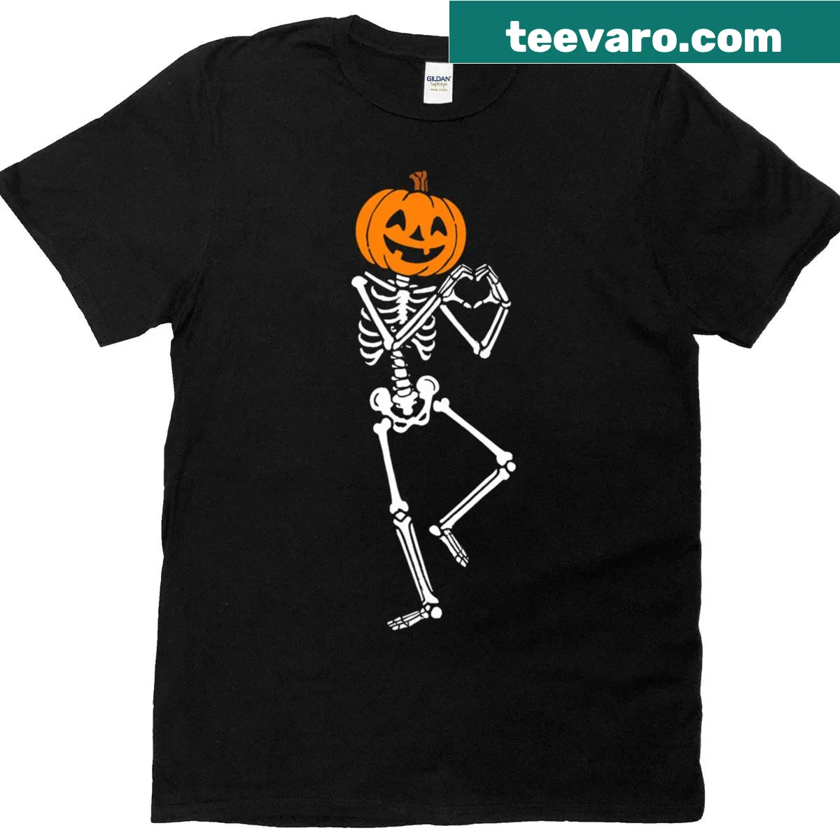 Funny Halloween t-shirt with a cartoon skeleton inside a carved pumpkin — on a men's t-shirt