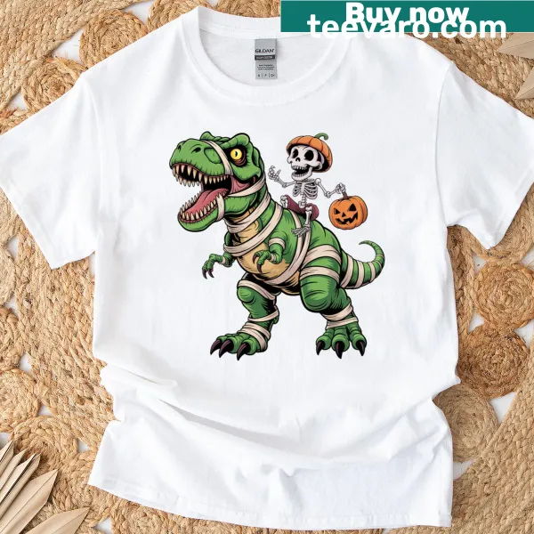 Skeleton riding a mummy dinosaur graphic on a T-shirt
