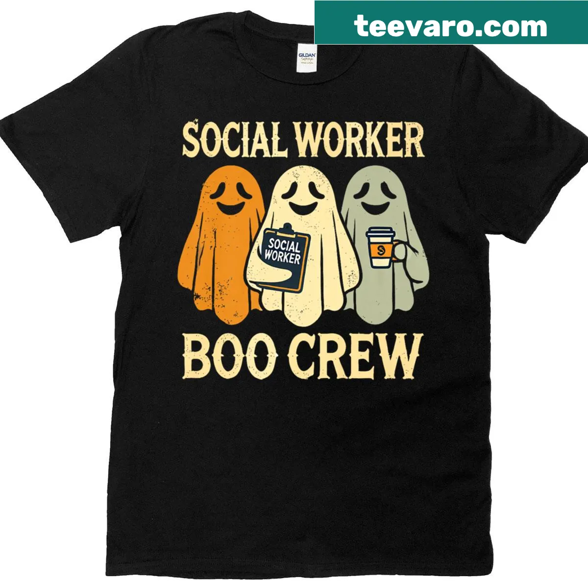 Funny Halloween t-shirt with a ghost design for social workers — on a men's t-shirt