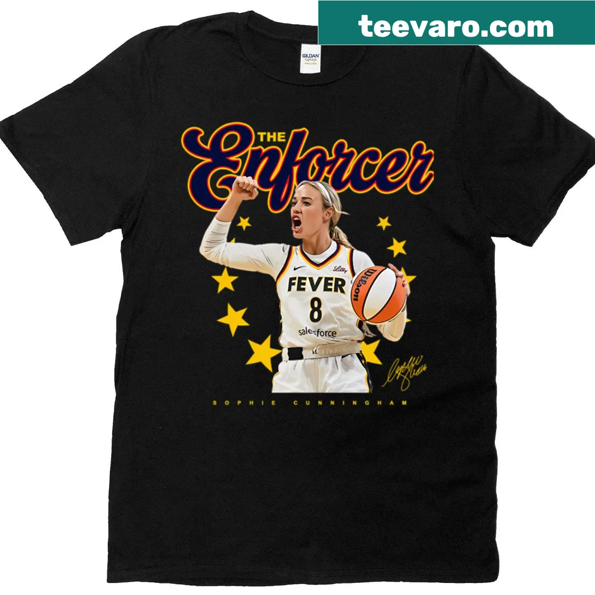 Illustrative T-shirt featuring Sophie Cunningham as The Enforcer — on a men's t-shirt