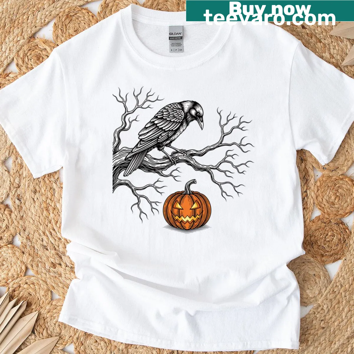 Illustration of a raven and pumpkin on a branch for Halloween T-shirt — on a men's t-shirt