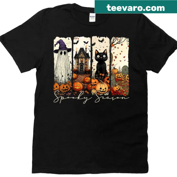 Cute cat ghost graphic with pumpkins on a Halloween t-shirt.